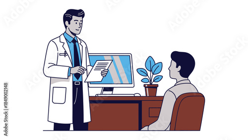 Healthcare Consultation: A medical professional engages in a consultation with patient, with both figures set against a backdrop of medical equipment and verdant plant life.
