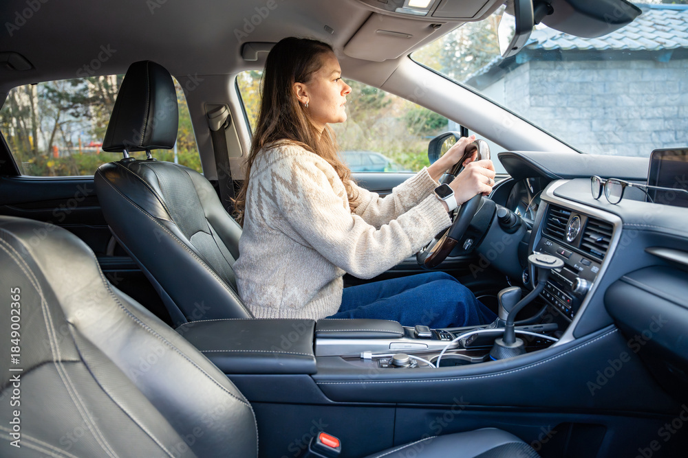 Naklejka premium Woman seated in driver seat of car, hands on wheel. Preparing for drive.