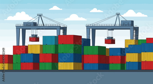 Container port with cargo containers and cranes
