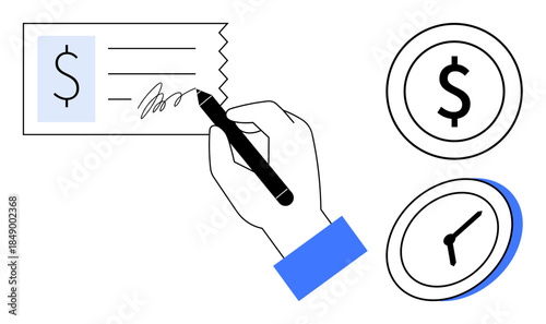 Finance, payment processing, time management, money transactions, budgeting, banking. Hand signing a check with dollar and clock icons. Finance and payment processing concept