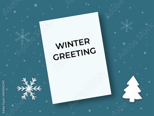 Winter Greeting Card Mockup Flat Lay Blue Background