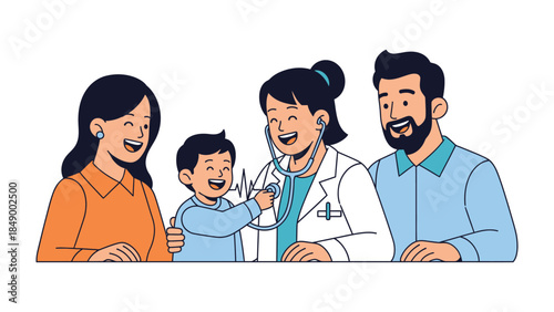 Family and Pediatrician: A loving family consults with a compassionate pediatrician, the doctor smiling with stethoscope.