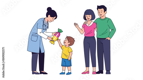 The Doctor's Gift: A touching scene where a kind doctor offers a colorful treat to a young child, watched warmly by their parents, symbolizing care, comfort.