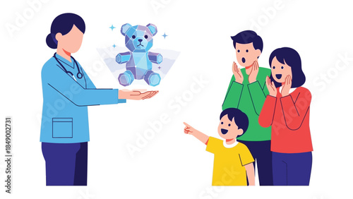Pediatric Hologram Toy: A medical professional demonstrates a virtual plush toy to an amazed family, symbolizing technological innovation and childhood delight.