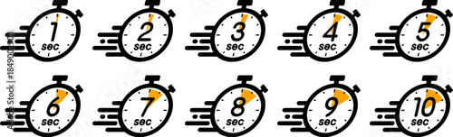 スピード感のある時間を示す時間管理のアイコン（stopwatch icon　1sec/2sec/3sec/4sec/5sec/6sec/7sec/8sec/9sec/10sec）
