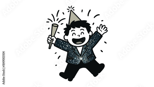 Festive Celebration: Cheerful character dancing with party accessories, epitomizing the spirit of revelry and festive occasions.