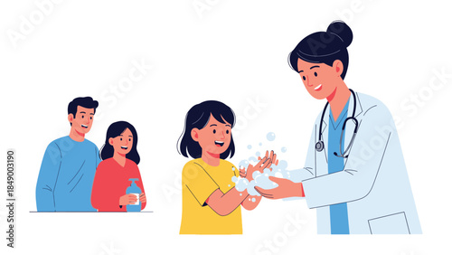 Healthcare: doctor assisting a child with washing hands, promoting hygiene
