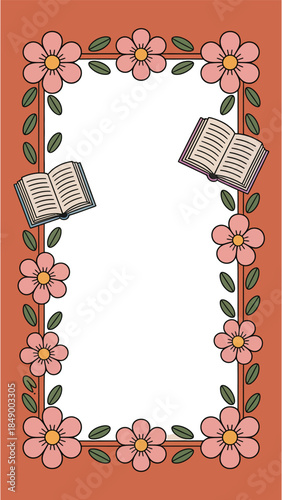 Literary Frame: A charming illustration featuring open books within a floral border, evoking a sense of literary appreciation.