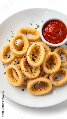 Golden fried calamari rings served with vibrant marinara sauce, perfect appetizer for seafood lovers or restaurant menus - delicious and tempting