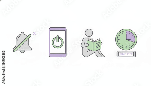 Digital detox and well-being icon set. Minimalist line art illustration with symbols for time off and disconnecting. Vector graphic for mental health concepts