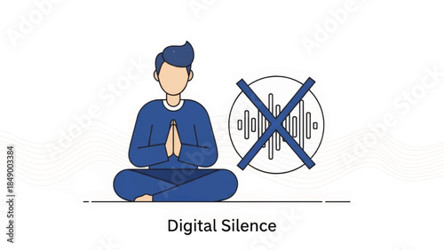 Digital silence concept vector illustration. Flat design of a person meditating with a mute sound icon. Mindfulness and digital detox theme