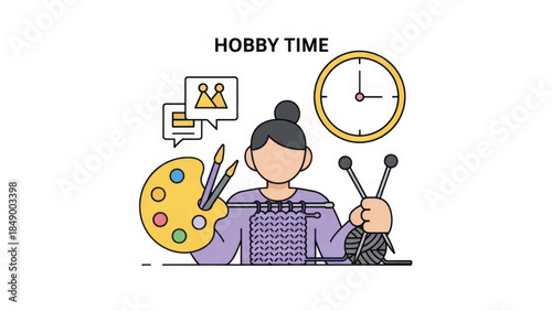 Woman enjoying creative hobbies like knitting and painting. Hobby time and leisure activity concept. Flat outline vector illustration