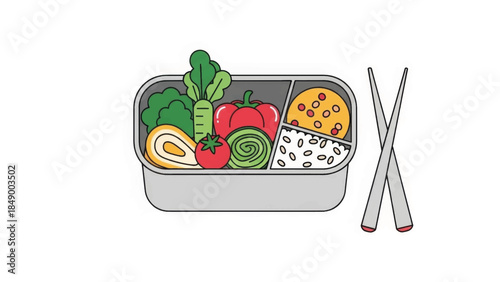 Japanese bento box with healthy food and chopsticks. Lunch container with rice and vegetables. Flat design vector illustration
