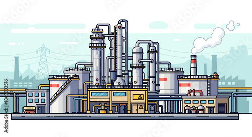 Industrial factory complex with smokestack and pipes
