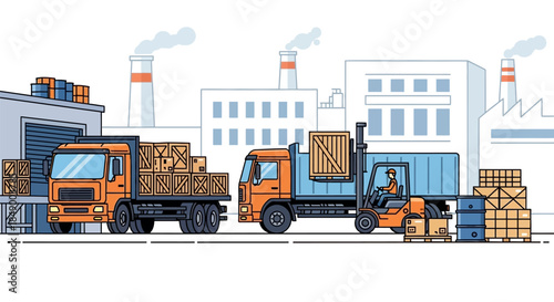 Industrial cargo transport with trucks and forklift