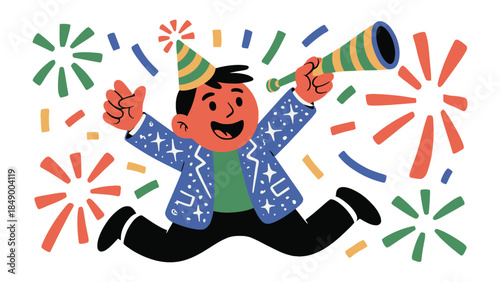 Celebration Illustration: A joyful figure leaps through a shower of confetti and fireworks, heralding an event with a megaphone in a vibrant illustration of festivity.