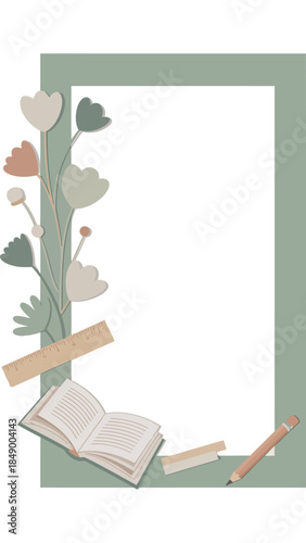 Book-Shaped Beauty: A delicate floral arrangement graces a sage-green framed design, accompanied by a reading book, ruler and pencil, evoking a sense of artistic finesse and the charm of an open book.