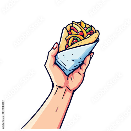 Vsai hand holding fast food kebab or burrito wrap