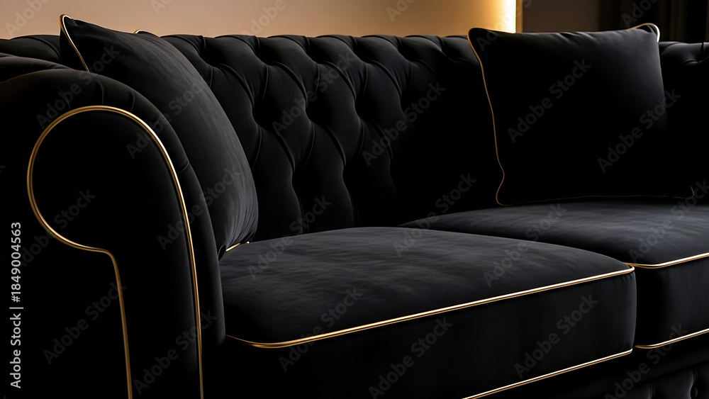 Obraz premium Luxurious black sofa with gold trim in a modern living room setting