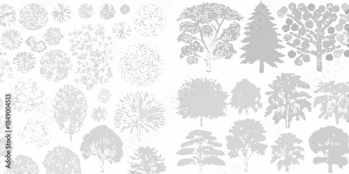 A grayscale collection of various tree shapes and foliage patterns