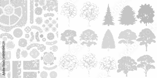 A collection of grayscale tree top views and silhouettes for landscape design