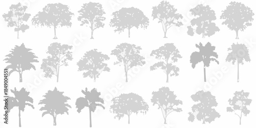 A collection of diverse tree silhouettes against a plain white background