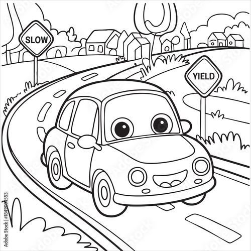 Cartoon car navigating a curvy road