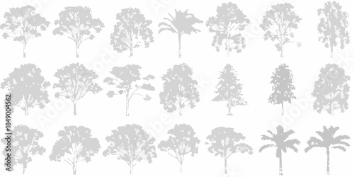 A collection of various tree silhouettes in shades of gray on white background