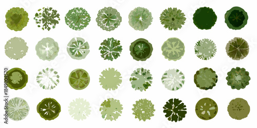 An assortment of top down views of various green trees and foliage