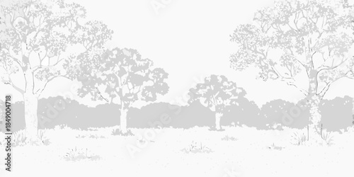 A grayscale landscape featuring trees and a grassy field under a light sky