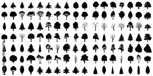 Collection of diverse black silhouette tree shapes arranged in a grid pattern