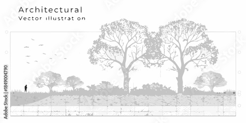 Architectural landscape illustration featuring trees hills and a distant figure