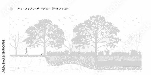 Grayscale architectural illustration depicting trees a path and landscape elements