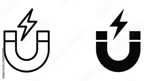 magnet with lightning bolt icons in outline and solid styles, simple attraction power symbol illustration for physics, energy and science design use