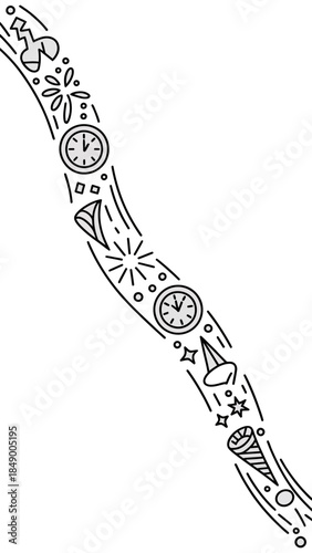 Journey Through Time: An illustrative depiction of a flowing timeline, weaving together symbols like a clock, star and fireworks, indicating the passage of time and significant events.