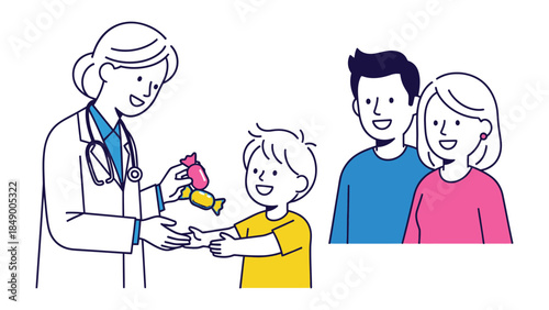Healthcare Harmony: A caring doctor provides cheerful child with some sweets during their consultation while supportive parents look on, symbolizing compassion, care and well-being.