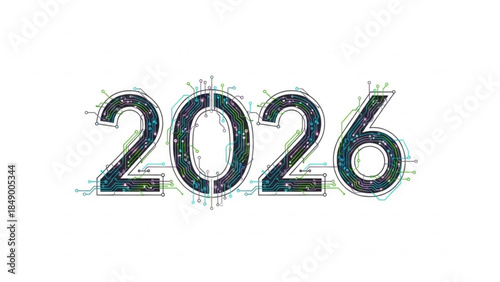 Digital 2026: An intricately designed digital display of the year 2026, combining technology and the passage of time. 