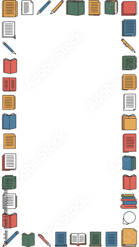 Literary Corner: A frame of books and writing materials encompasses an empty space, offering a unique canvas for textual creativity. 