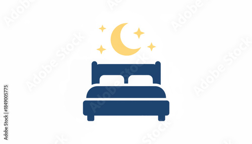 Sleep icon with a bed under a moon and stars. Flat design vector illustration. Symbol for rest, bedtime, and healthy lifestyle