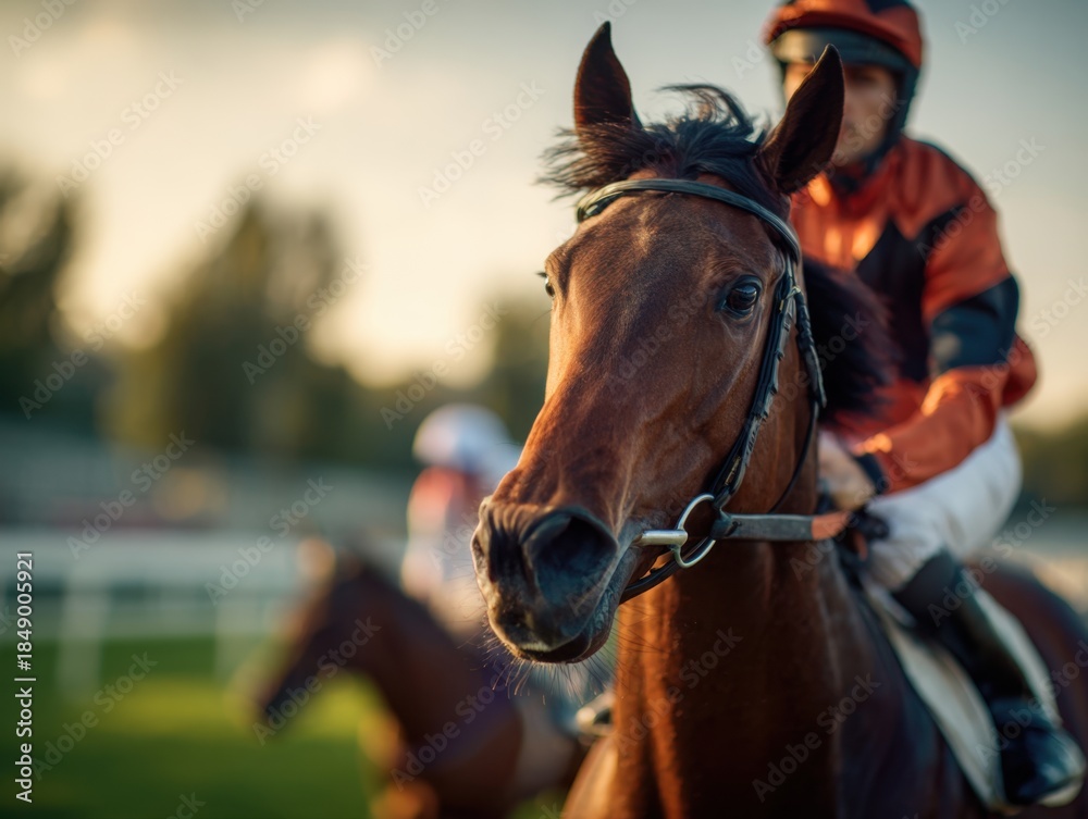 Obraz premium Horse racing in action, close up.