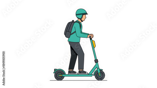 Person riding an electric scooter vector illustration. Modern flat design character for urban mobility concept. Commuter with helmet and backpack