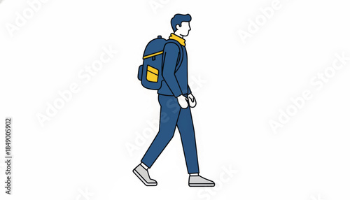 A walking character with a backpack shown in profile. Minimalist flat design vector illustration. Student, commuter, and traveler concept isolated on a white background.