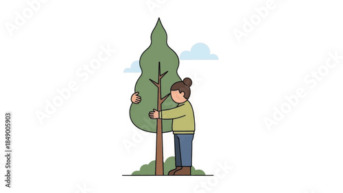 A person hugging a tree vector illustration. Flat design graphic for nature conservation and environmentalism. Minimalist character showing love for the earth