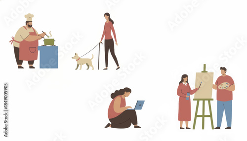 Vector illustration set of people engaged in hobbies and daily activities. Inclusive characters include a chef cooking, a woman walking a dog, and artists painting. Modern flat design