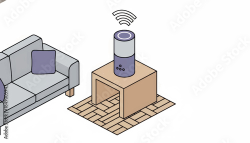 Isometric illustration of a smart speaker in a living room. Voice assistant and smart home technology concept. Vector graphic for IoT and home automation