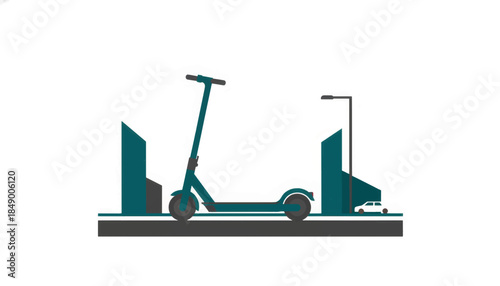 Electric scooter on a city street. Urban mobility and eco-friendly transport concept. Minimalist flat design vector illustration