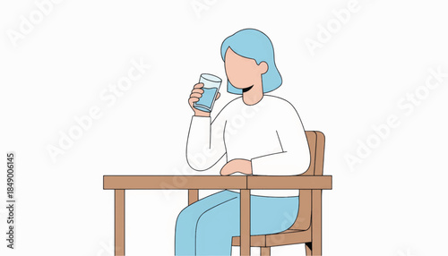 Minimalist person drinking water at a desk. Flat vector illustration about health, hydration, and daily routine. Simple character design isolated on white background