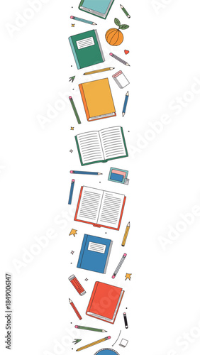Educational Arrangement: A playful assortment of textbooks, writing utensils, and learning tools, perfect for expressing an idea or a thought.