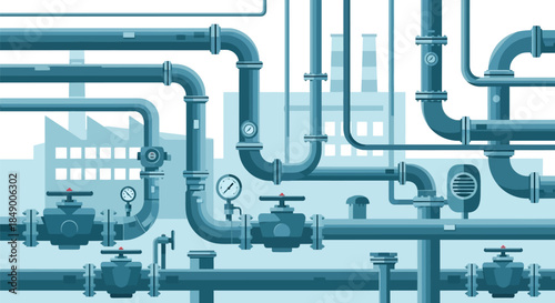 Industrial pipeline system with valves and factory background