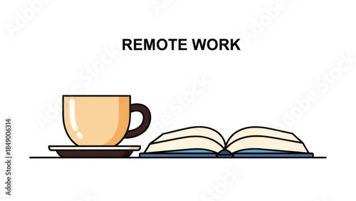 Remote work concept illustration with coffee cup and open book. Flat design vector graphic for home office and study themes